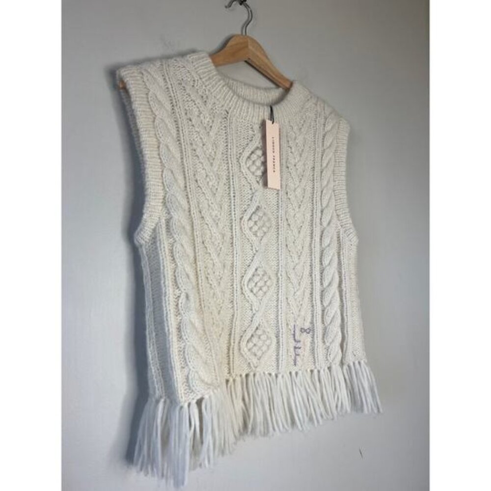 NWT Lingua Franca Mavis Fringe Knit Crew Neck Sleeveless Vest Cream Size: Small - Picture 3 of 8